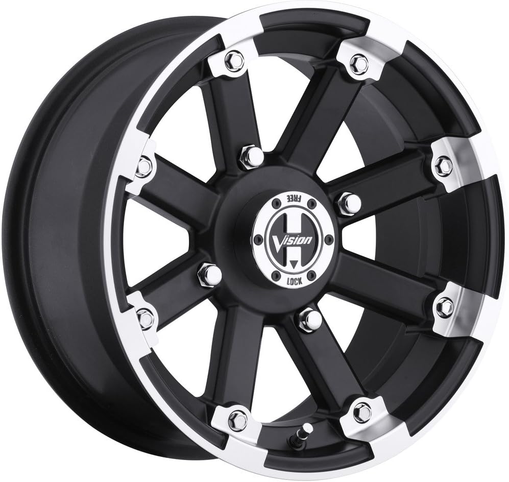 VISION WHEEL - 393 lock out - 12 Inch Rim x 8 - (4x110) Offset (-10.2) Wheel Finish - matte black machined lip with chrome hex bolt inserts