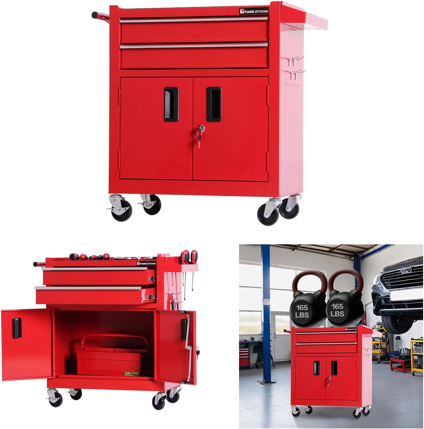 TANKSTORM Tool Chest Heavy Duty Cart Steel Rolling Tool Box with Lockable Doors (TZ12 Red)