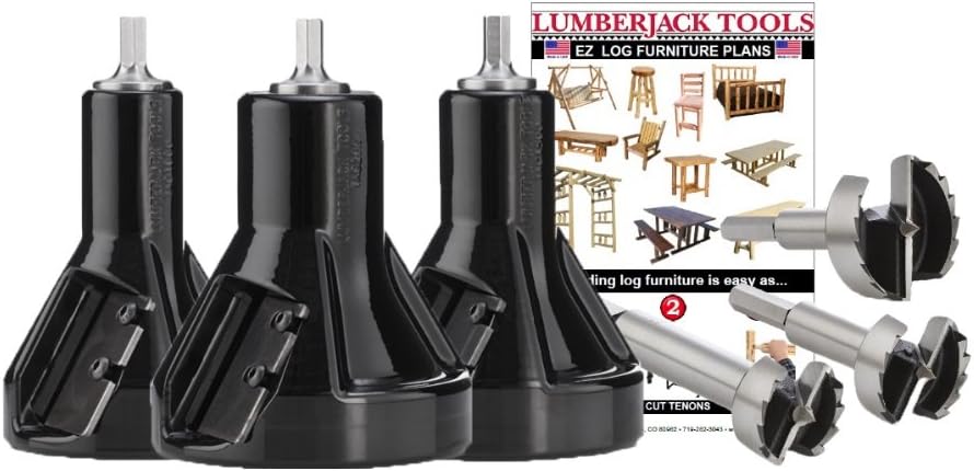 Lumberjack Tools Tenon Cutter Kit for Log Furniture, 1" & 1.5" & 2" Cutters & Forstner Bits, Commercial Series Powder Coated Aluminum, 1\/2" Shank, Dual Blades Creates Tapered Shoulder Profile,USA Made
