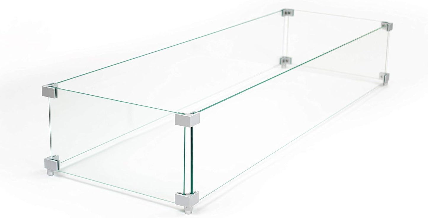 AMS Fireplace | Fire Pit Table Square/Rectangular Tempered Glass Wind Guard-Fire Flame Guard 1/4" Thick Wind Guard - Flame Guard ((43" Long x 13" Wide x 7 High) SS Hardware)