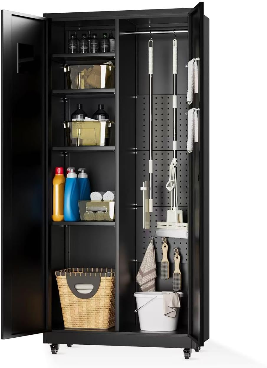 Metal Broom Closet, Garage Storage Cabinet, Tool Chest Bathroom Cabinet with Locking Doors and Wheels, 72" Tall Utility Cabinet with Hanging Rod, Freestanding Storage Cabinet for Cleaning Supplies