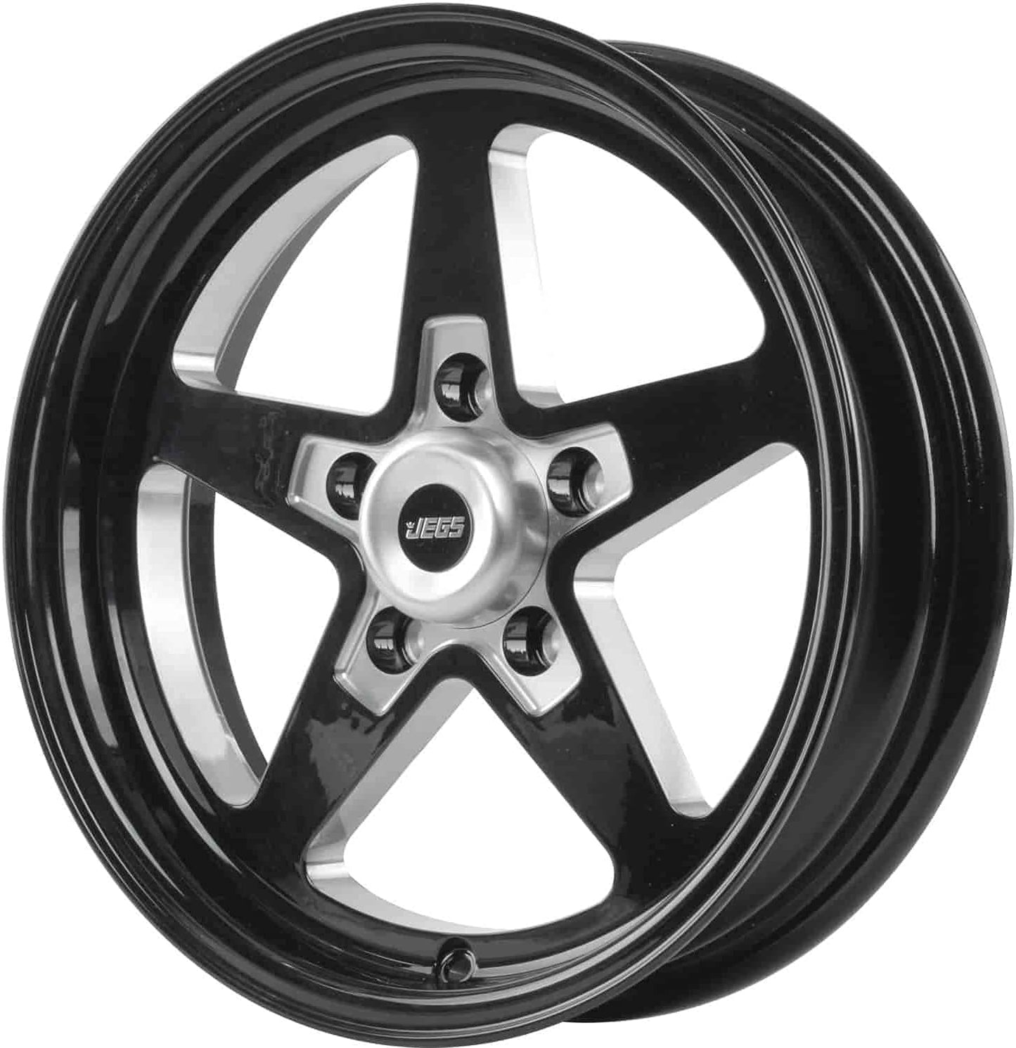 JEGS SSR Star Aluminum Wheel 15” x 4” | 5 x 4.5” Wheel Bolt Pattern Spacing | -19 mm Offset | 1.75” Backspacing | Gloss Black Powder Coat | 3.27” Center Bore | Includes Center Cap