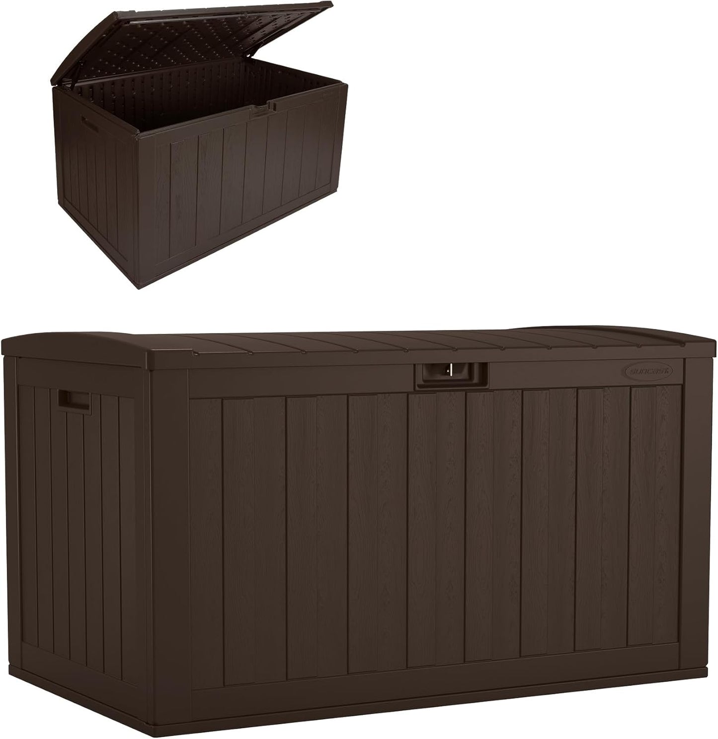 Suncast 134-Gal. Waterproof Resin Extra-Large Outdoor Patio Deck Box with Pad-Lockable Lid, Modern Outdoor Patio Bench\/Storage Box for Cushions, Garden Tools, and More, Java
