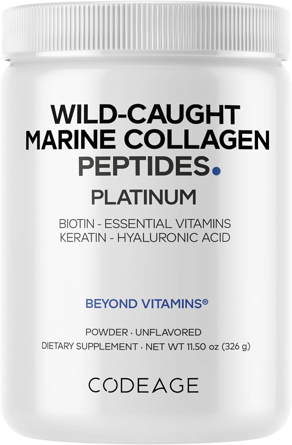 Codeage Marine Collagen Protein Powder Supplement Platinum - Biotin 10,000 mcg, Vitamin C, D3 & B6, Keratin, Hyaluronic Acid, Niacin, Wild Caught Hydrolyzed Fish Collagen Peptides - Non-GMO - 11.50 oz