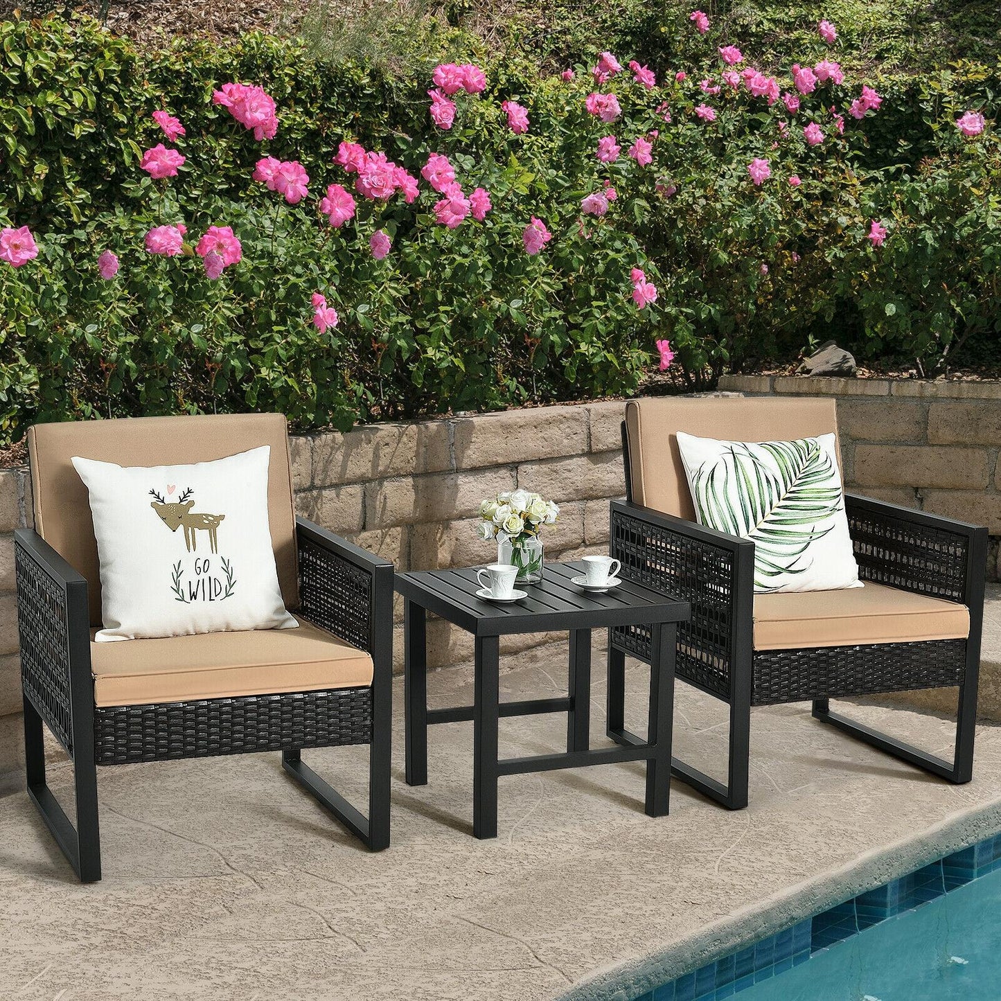Clihome Patio Furniture Set 3 -Piece Rattan Patio Conversation Set with Brown polyester Cushions