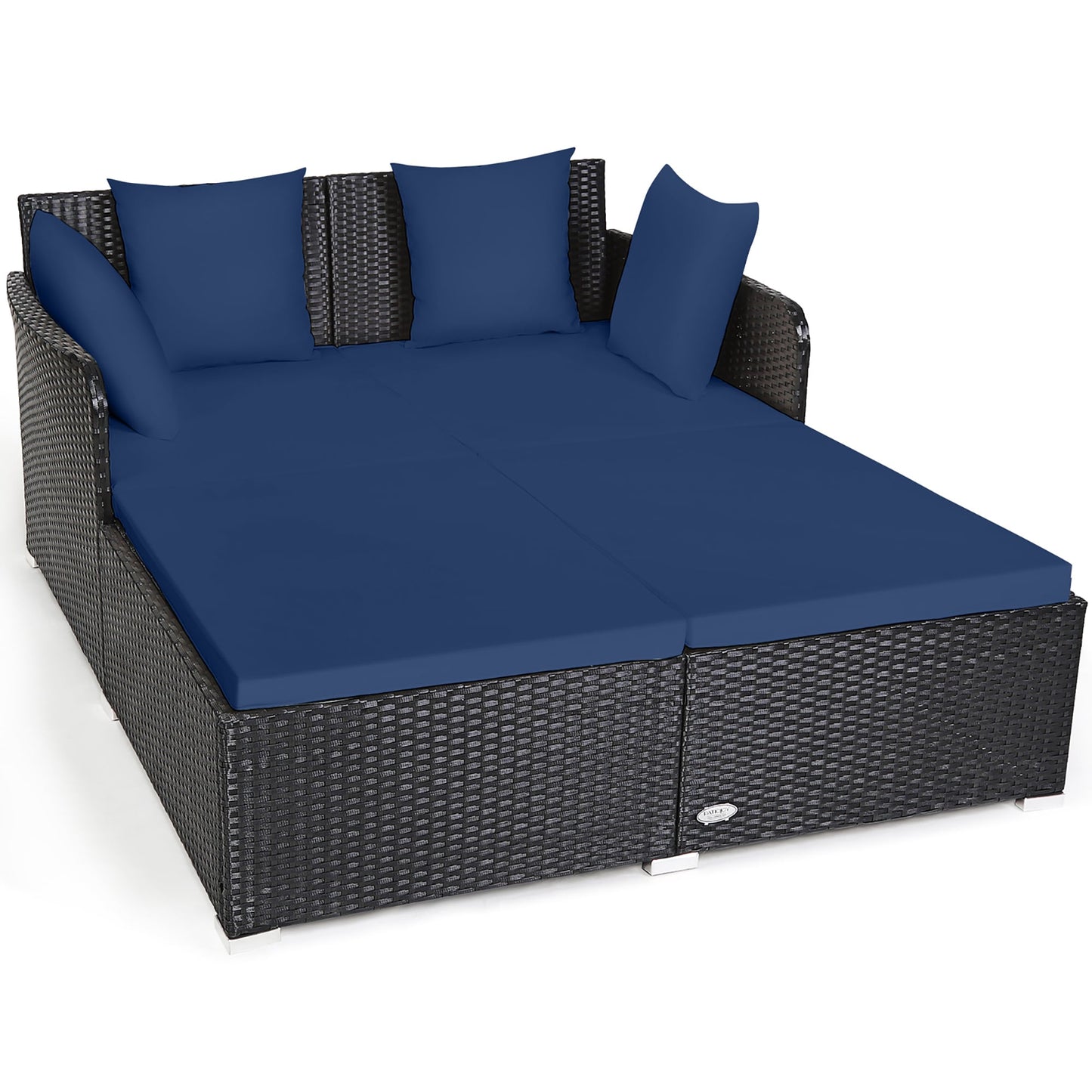 Costway Rattan Outdoor Daybed with Blue Cushions and Rattan Frame