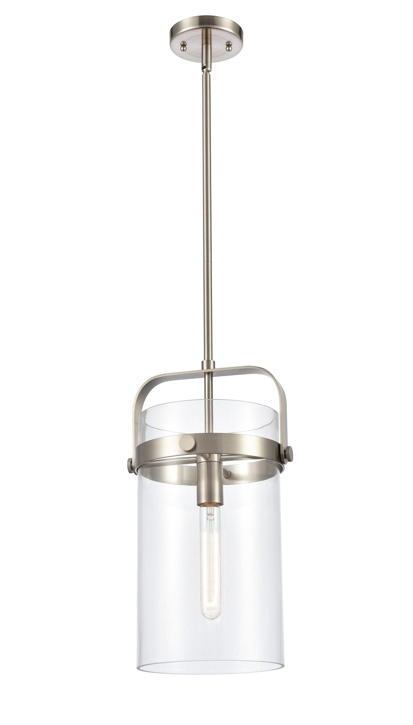 Innovations Lighting Pilaster 1 -Light Brushed Satin Nickel Industrial Clear glass Cylinder Medium Hanging Pendant light