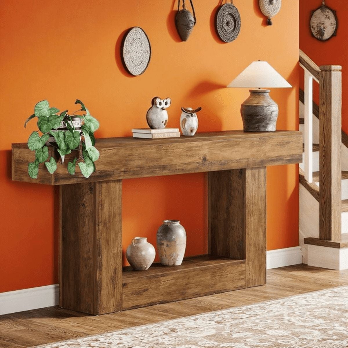 63" Farmhouse Console Table - Rustic Brown & Vintage Gray U-Shaped Base, E1 MDF with Lower Shelf, Versatile for Entryway, Living Room, Behind Couch, TV Stand
