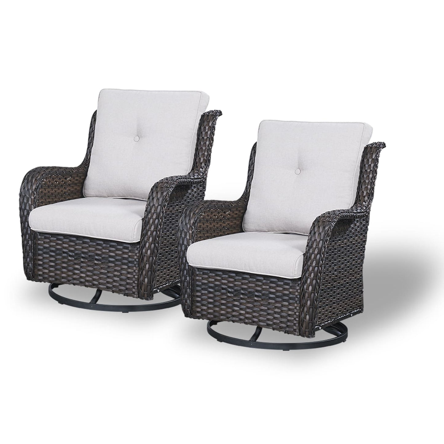 Rilyson Curved handrail Set of 2 Wicker Brown Wicker Frame Swivel glider Rocking Chair with Bronze Beige Cushioned Seat