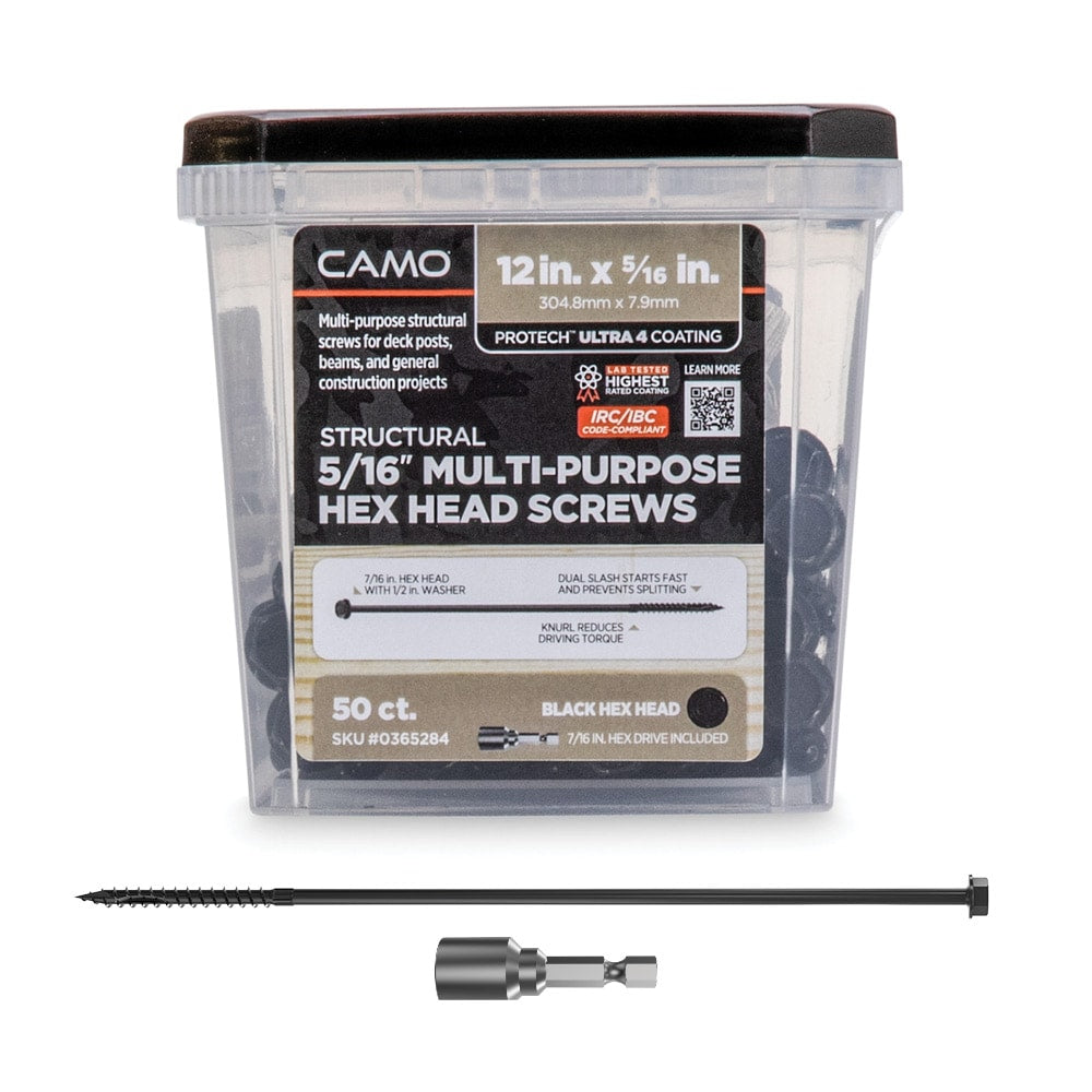 CAMO 5/16-in x 12-in Black Galvanized/Coated Hex-Head Exterior Structural Wood Screws (50-Pack) 365284