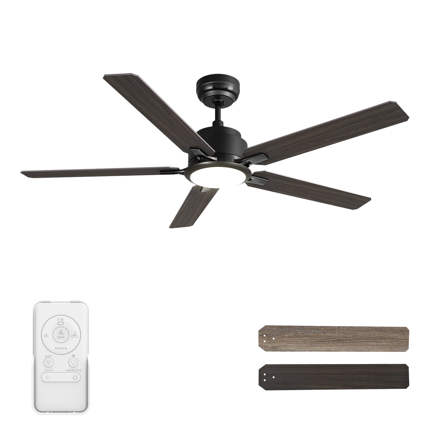 CARRO USA Essex 52-in Black with Wooden/Walnut Blades Indoor/Outdoor Smart Ceiling Fan with Light and Remote (5-Blade) LS525J-L12-BG-1