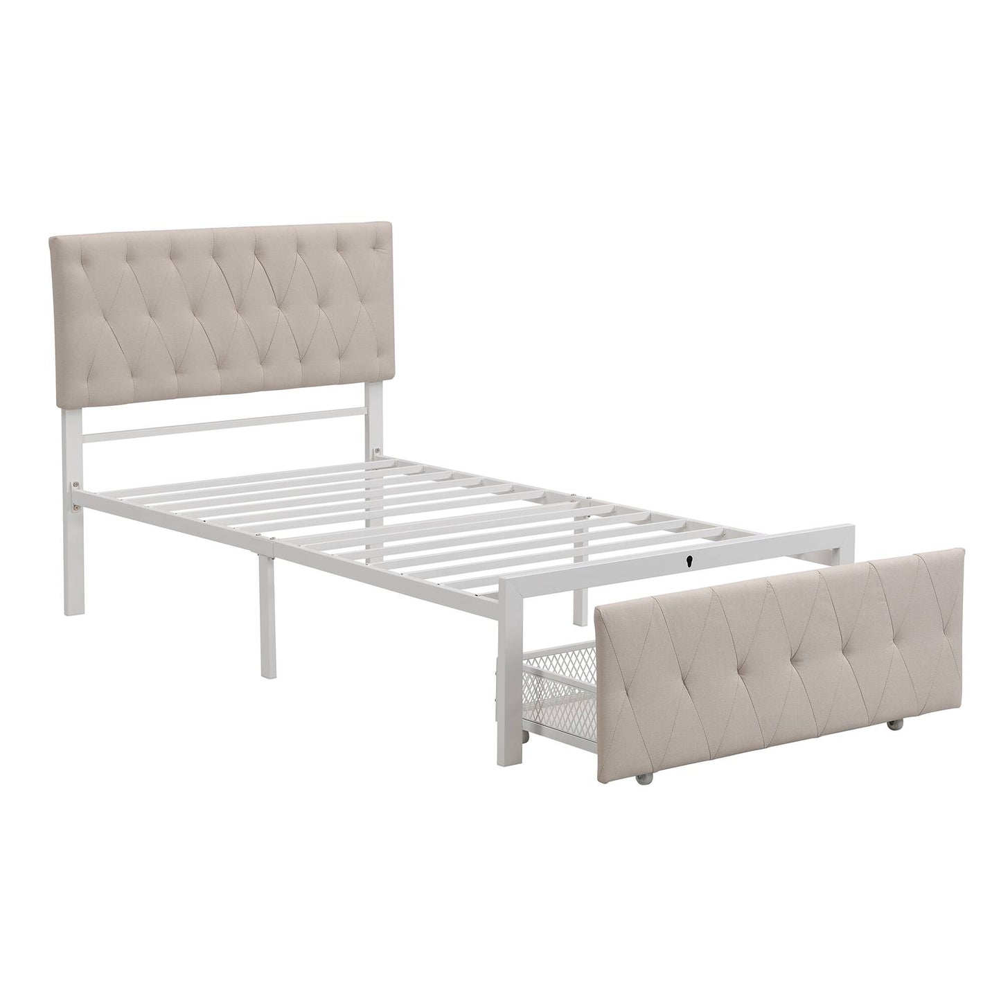 Yiekholo Beige Twin Metal Upholstered Bed with Storage