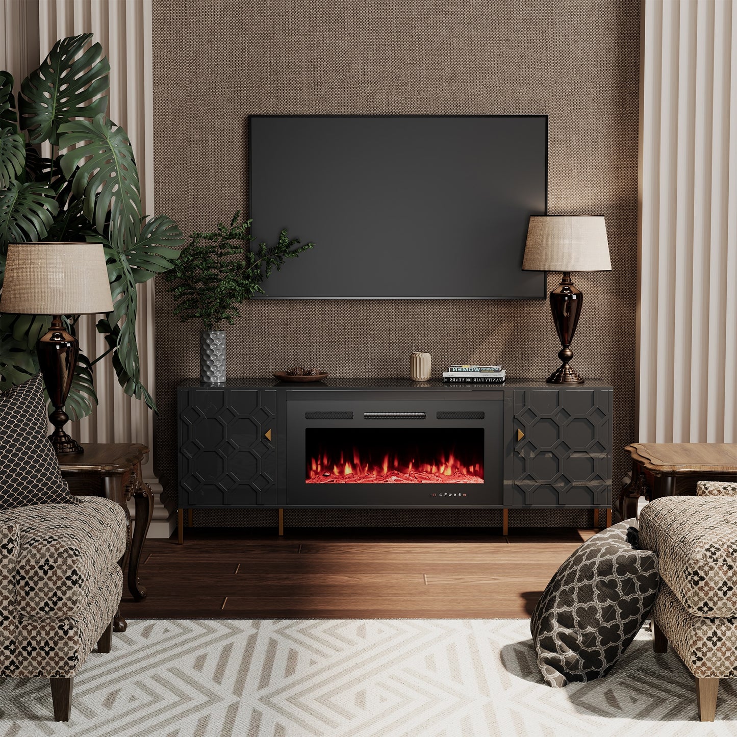 Clihome 70-in W Black TV Stand with Fan-forced Electric Fireplace CL-JH4236-BK