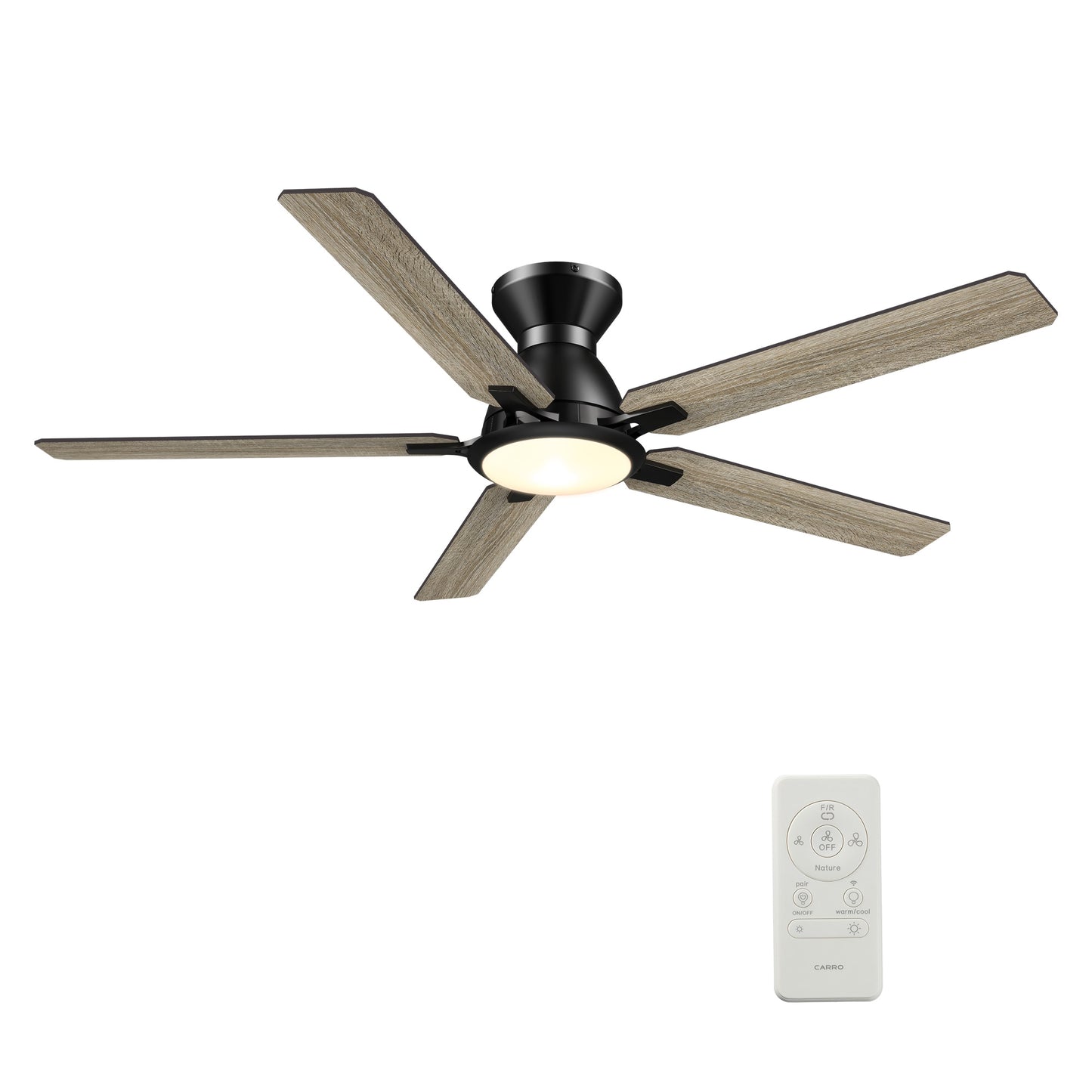 CARRO USA Essex 52-in Black with Gray Oak Blades Indoor/Outdoor Flush Mount Smart Ceiling Fan with Light and Remote (5-Blade) LS525J-L12-BO-1-FM