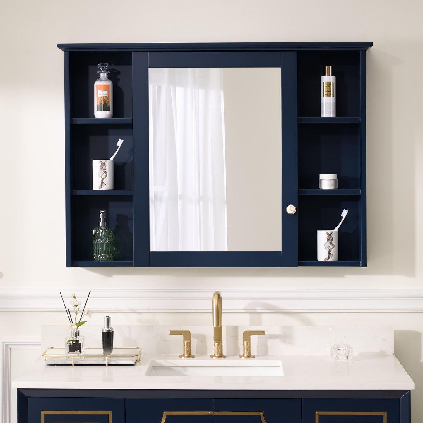 WELLFOR ART Solid Wood 42-in x 30-in Surface Mount Navy Blue Mirrored Rectangle Soft Close Medicine Cabinet