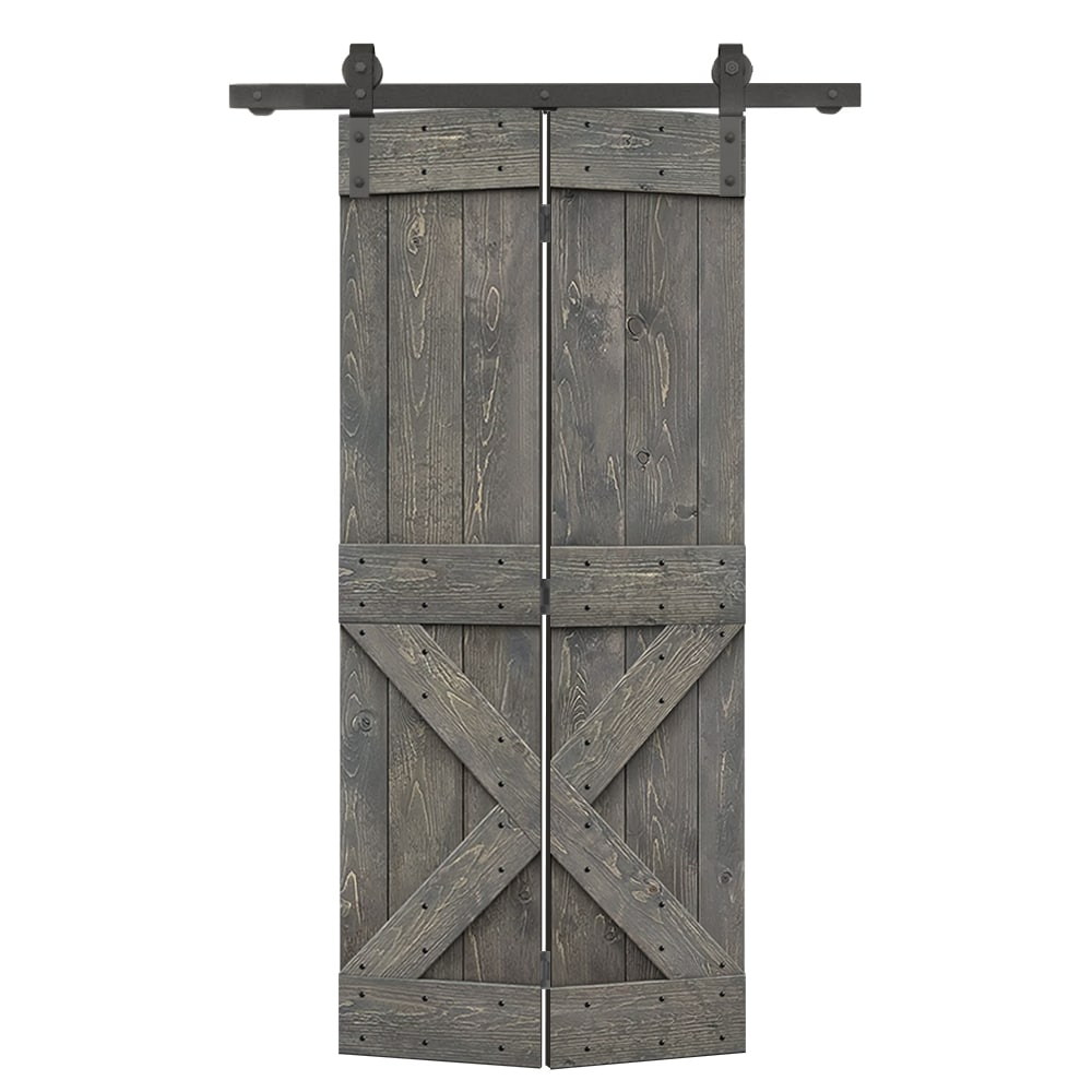 CALHOME 28-in x 84-in Weather Gray X-frame Pine Wood Solid core Single bifold Barn Door (Hardware Included)