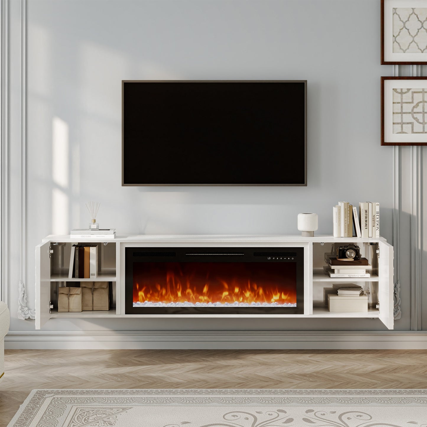 Clihome 67.32-in W White TV Stand with Fan-forced Electric Fireplace CL-WMTVS017-WHI-F018
