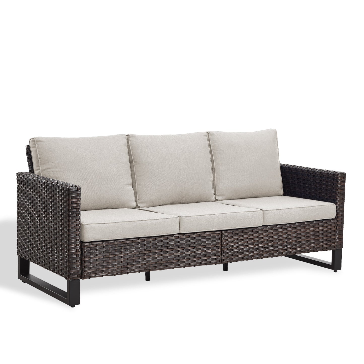 Rilyson U-Feet Wicker Outdoor Sofa with Beige Cushions and Wicker Frame