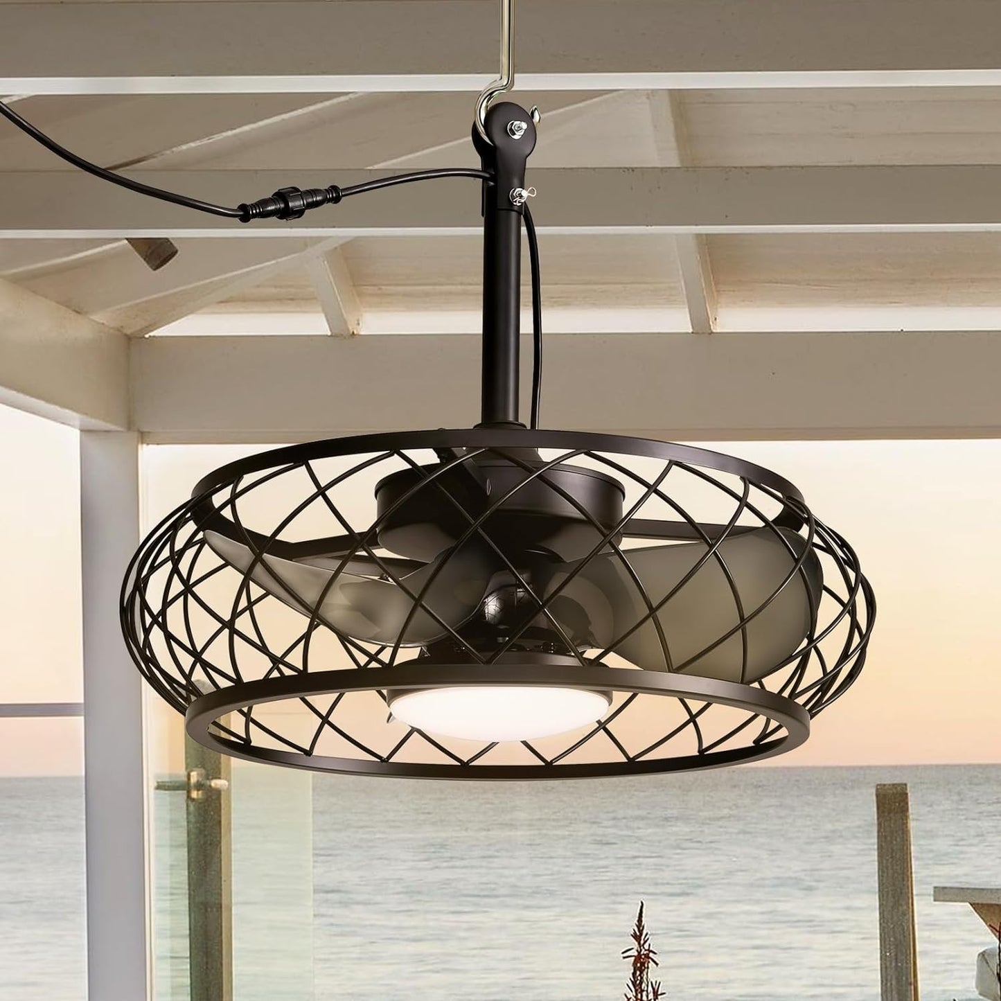 Antoine Modern Industrial Covered Outdoor 20-in Low Profile Black Cage with Black Blades Color-changing Integrated LED Indoor/Outdoor Smart Fandelier Ceiling Fan with Light and Remote (3-Blade) LSBD-44