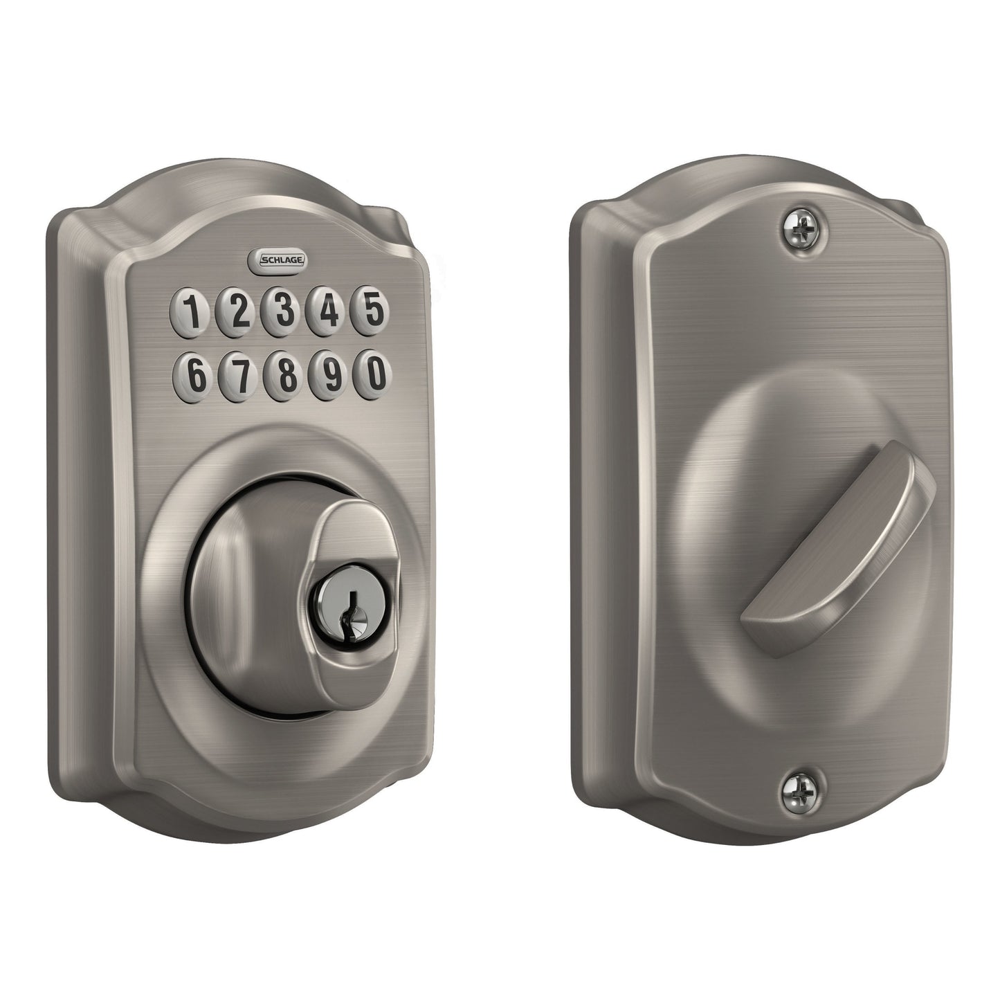 Schlage Camelot Satin Nickel Electronic Deadbolt with Keypad BE365 V CAM 619