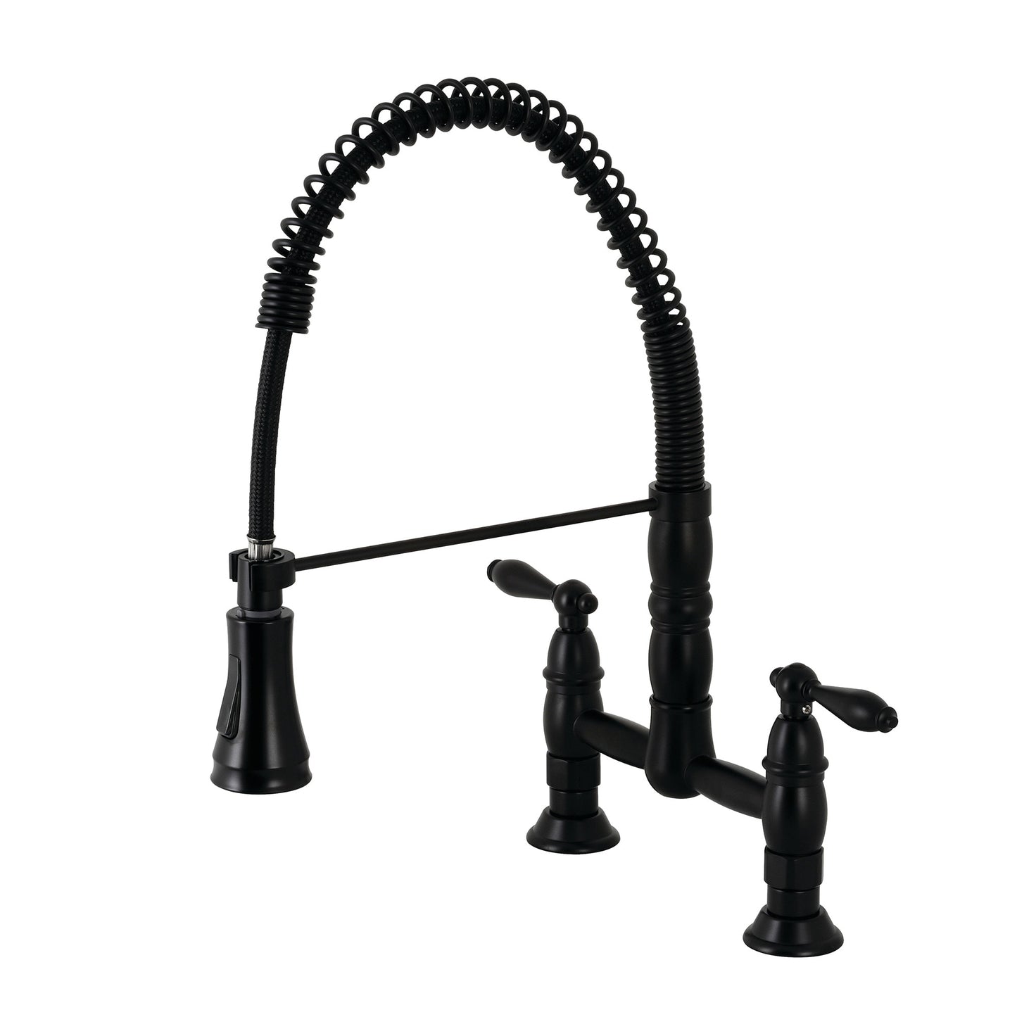 Kingston Brass Heritage Matte black Double Handle Deck-mount Bridge Kitchen Faucet with Sprayer