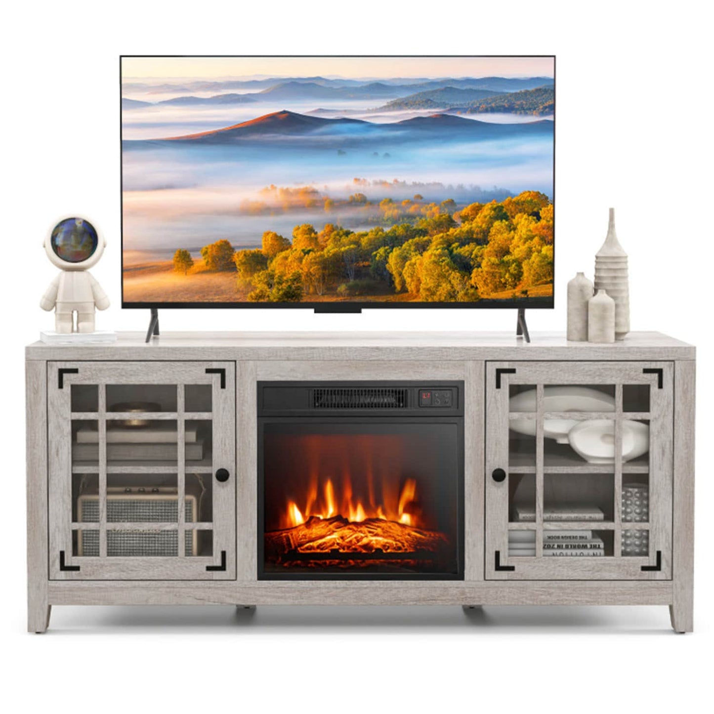 Clihome 58-in W Natural TV Stand with Fan-forced Flat wall Electric Fireplace with Remote Control Included