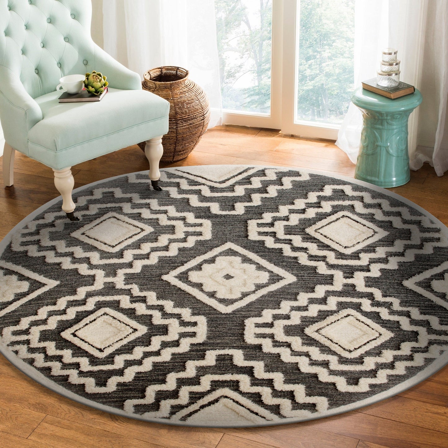 LR Home 6 x 6 (ft) Tufted Wool Gray/Cream Round Indoor Geometric Mid-Century Modern Area rug
