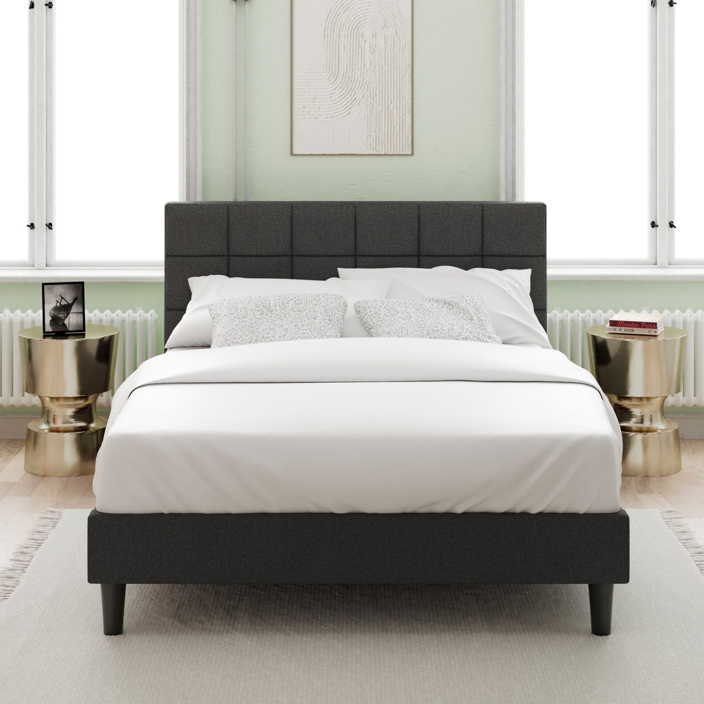 Zinus Queen Dark Gray Metal Upholstered Bed with Headboard