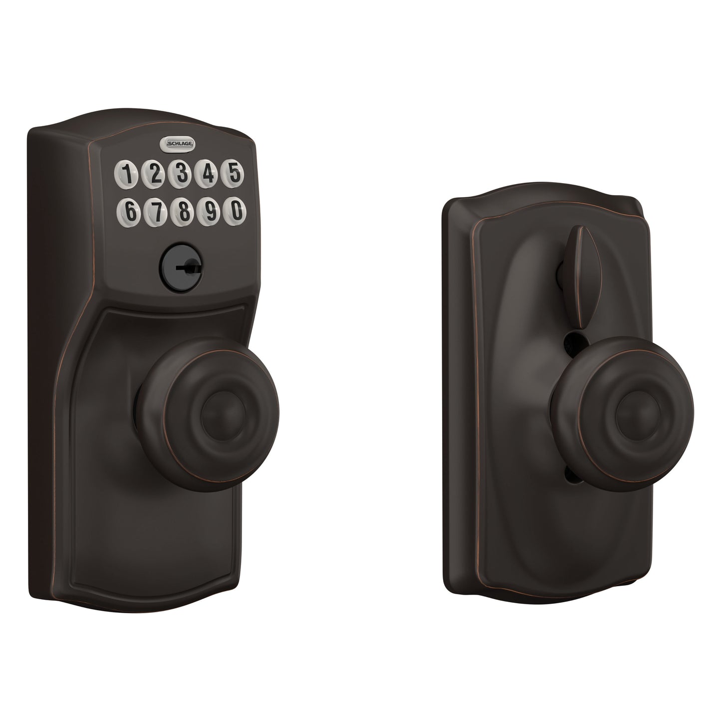 Schlage Customizable Keying Camelot-Georgian Aged Bronze Electronic Knob with Keypad FE595 CAM 716 GEO G