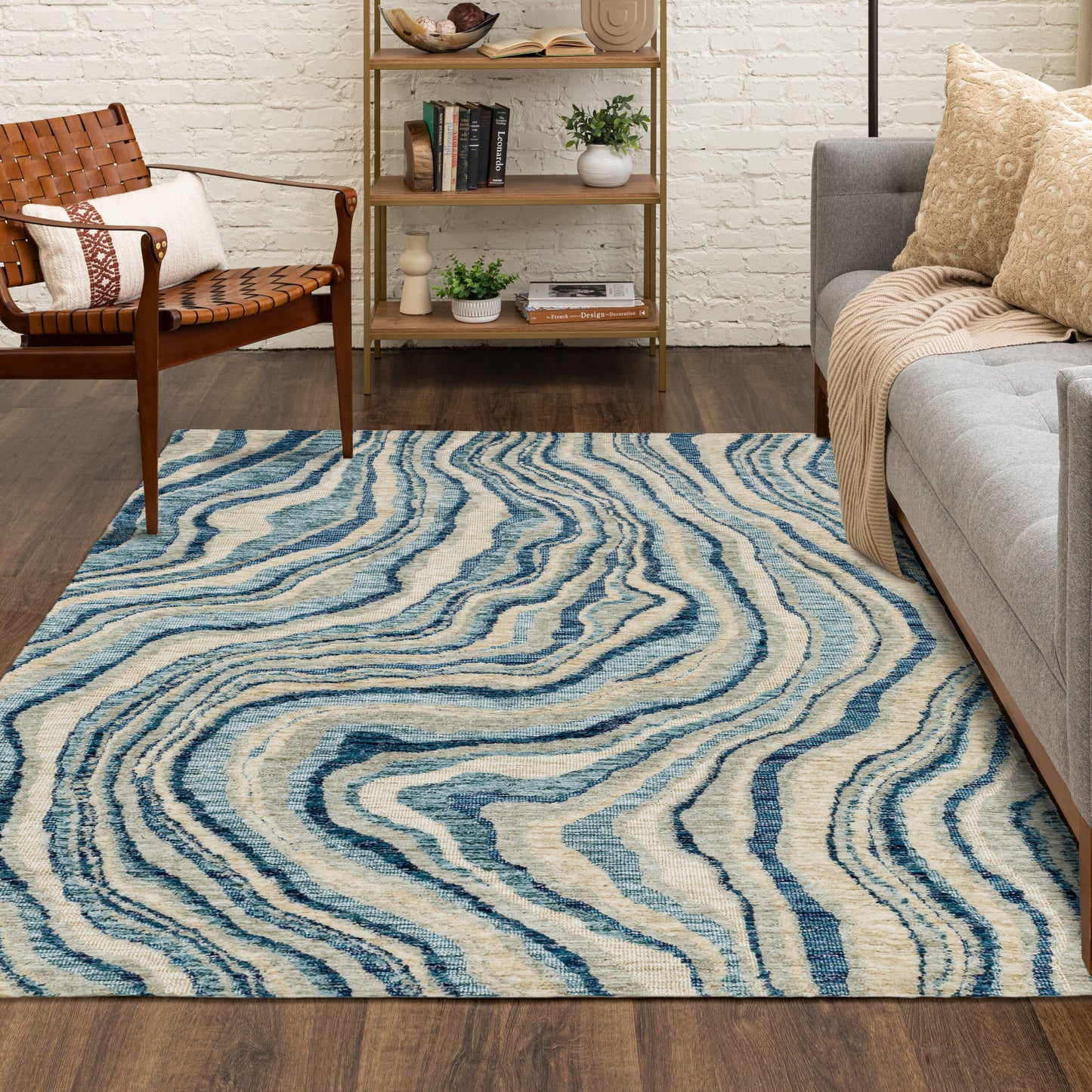 Origin 21 Coastal Tides 7 x 10 (ft) Polyester Blue Rectangular Indoor Abstract Mid-Century Modern Area rug