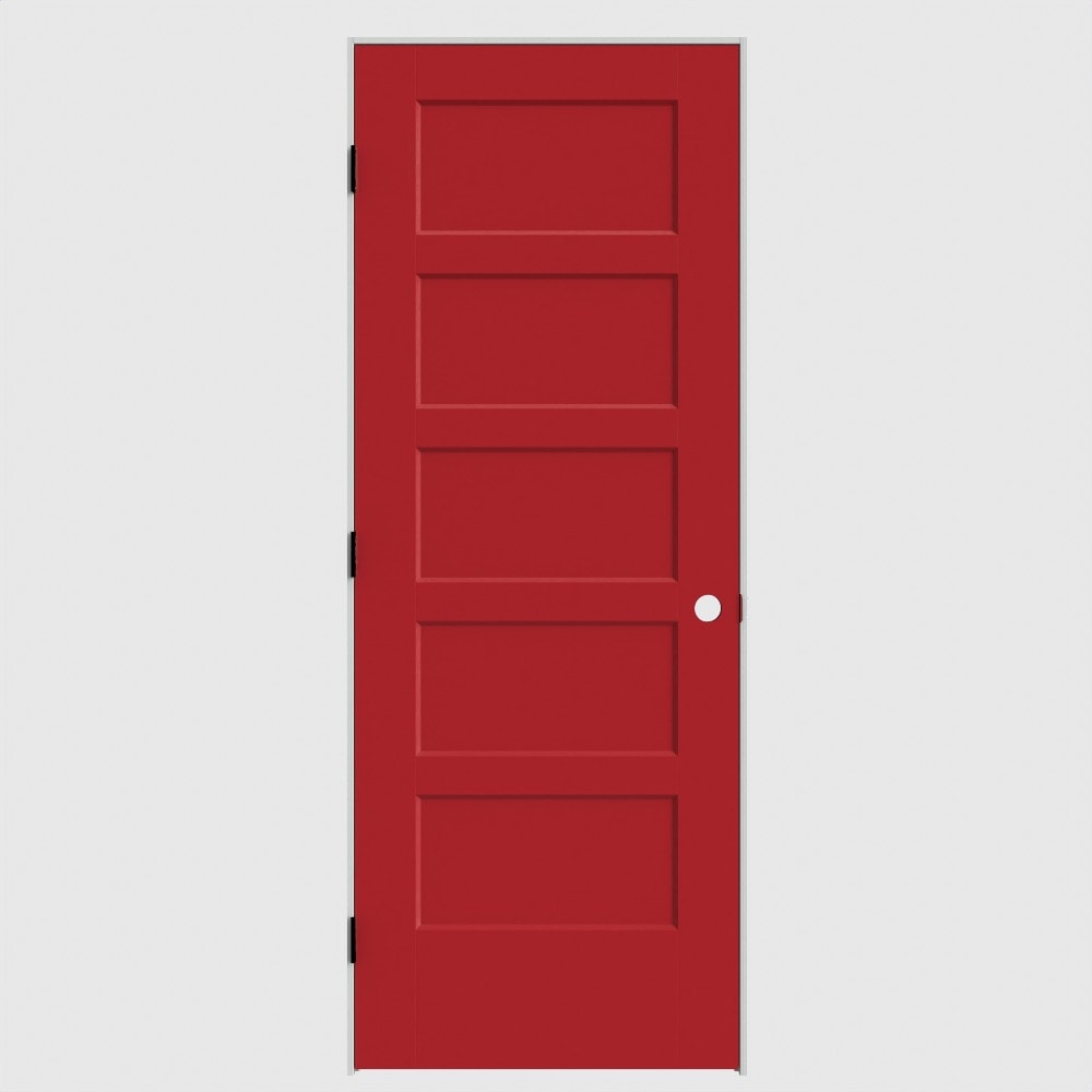Masonite 28-in x 80-in Barn Red Solid core 5-panel square Right hand Smooth Primed Molded composite Flat Jamb Single Prehung Interior Door