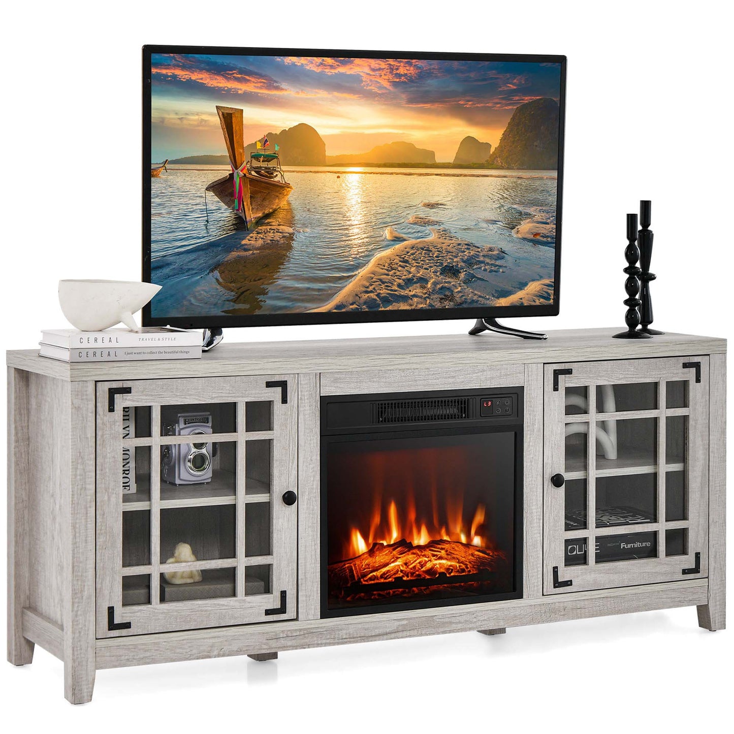 Costway 15-in W Black TV Stand with Infrared quartz Flat wall Electric Fireplace with Remote Control Included
