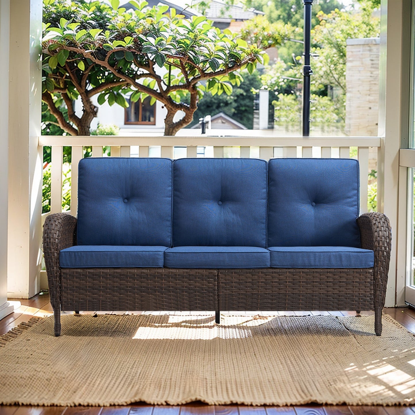 PASOFA-T Wicker Outdoor Sofa with Navy Cushions and Steel Frame