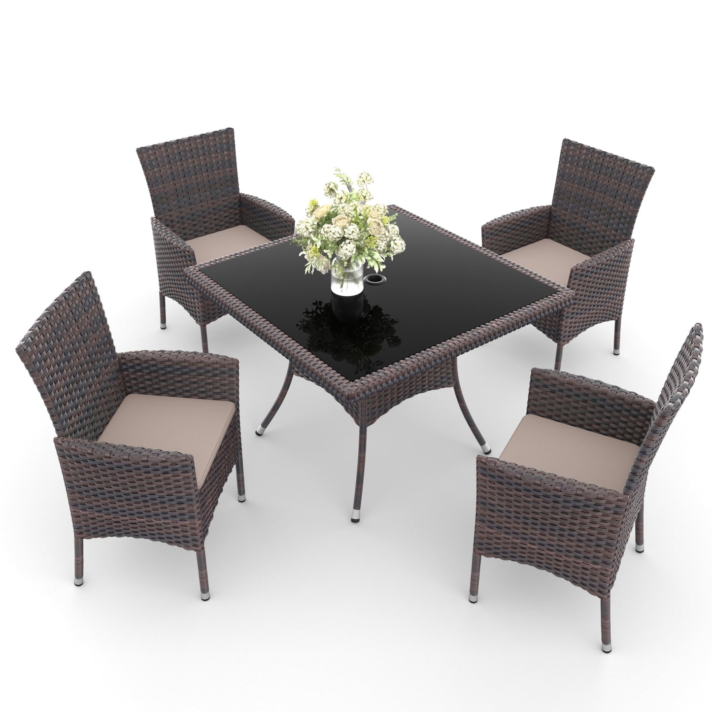 ALAULM 5 -Piece Brown Rattan Patio Dining Set Extendable Table Rattan Rectangle Table with 4 Yellow Cushions Stationary Chairs