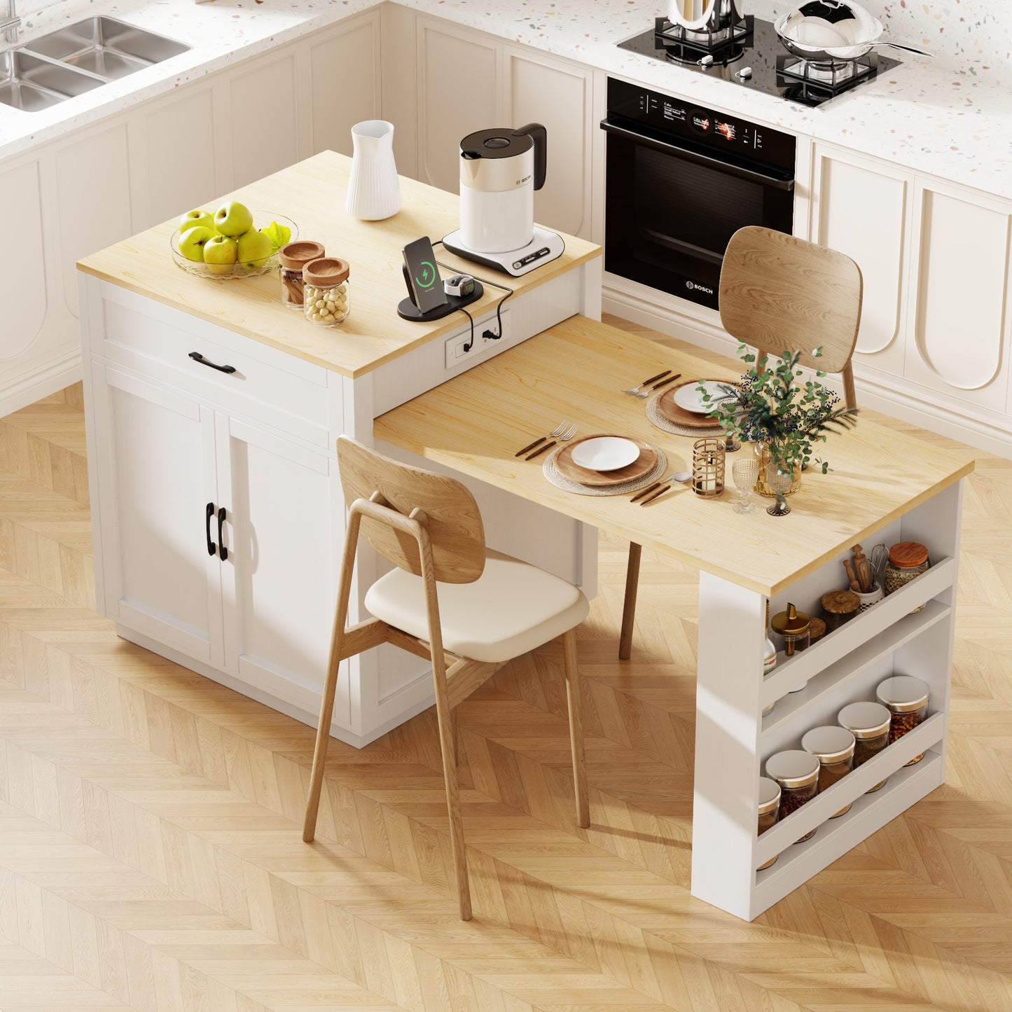 Runesay White MDF Base with MDF Wood Top Rolling Kitchen Island ( 27.6-in x 82.7-in x 36.2-in )