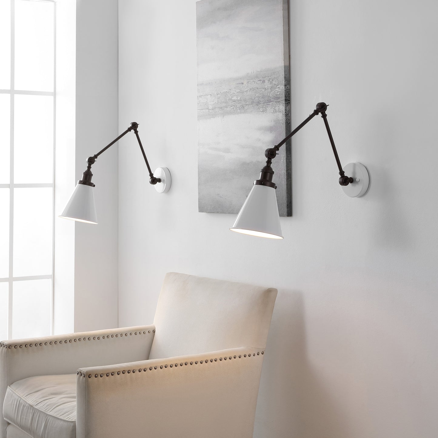 JONATHAN Y Rover Classic Adjustable Arm 7.00-in W 2 -Light Polished Black Industrial Wall Sconce