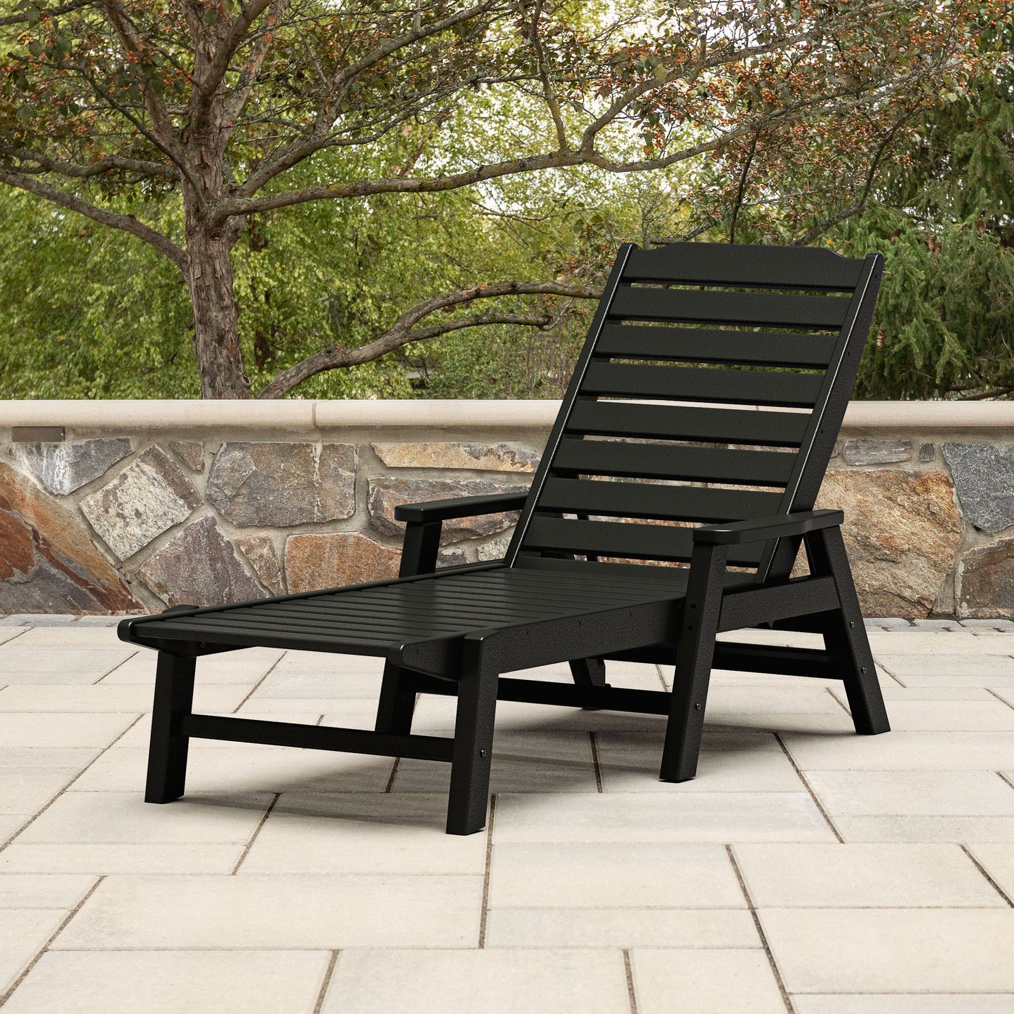 allen + roth by POLYWOOD Oakport Stackable Black HDPE Frame Stationary Chaise Lounge Chair with Slat Seat