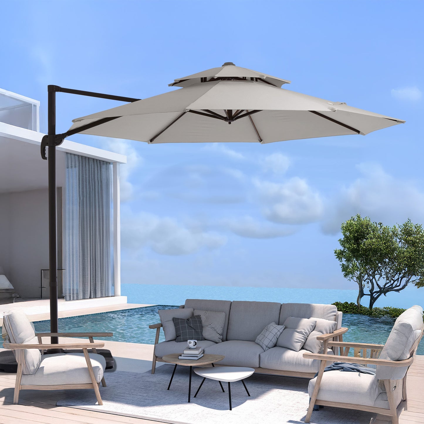 VOUA 11-ft Aluminum Off-white Crank Cantilever Patio Umbrella