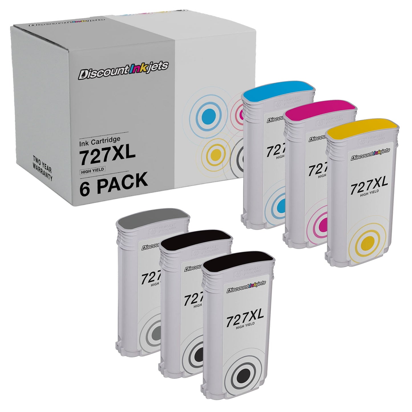 6pk Ink Cartridge Replacements for HP 727 XL High Yield MB, PBK, C, M, Y, G Compatible with HP DesignJet: T1500, T2500, T2530ps, T920, T930, T930 36-in Printer, T1530 36-in PostScript Printer