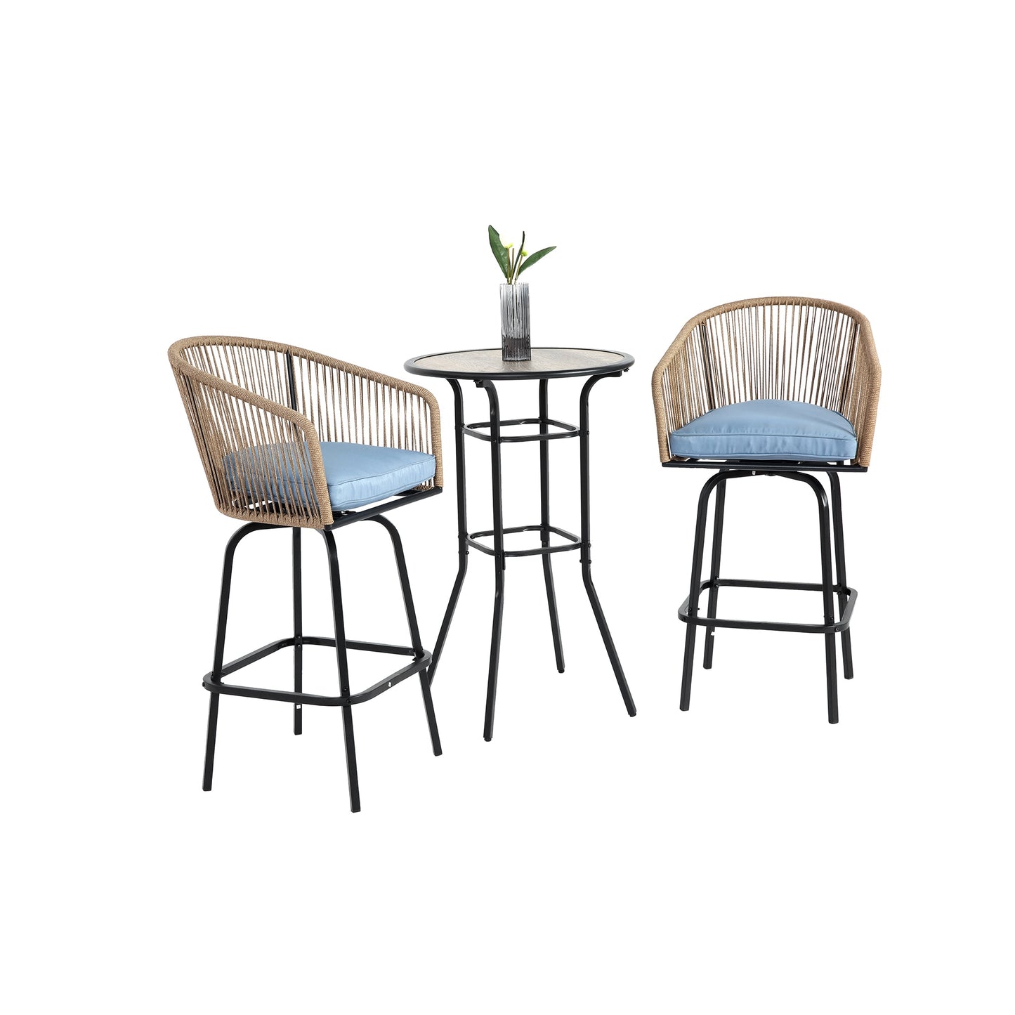 Bybafun Set of 2 Woven Black Steel Frame Spring motion Bar Stool Chair with Blue Cushioned Seat