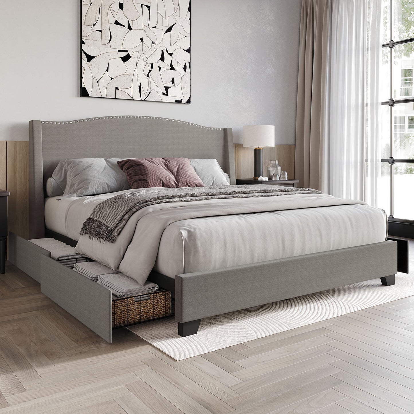 ChaletPosh King Light Grey Wood Storage Platform Bed with Headboard