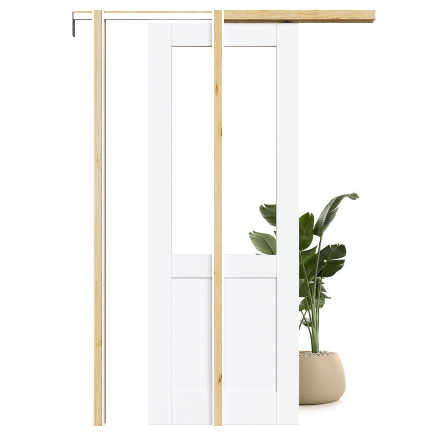 JUJUBON 32-in x 80-in Wood Pocket Door Frame with 1/2 Clear Glass White Primed MDF Pocket Door and Hardware Soft Close Included