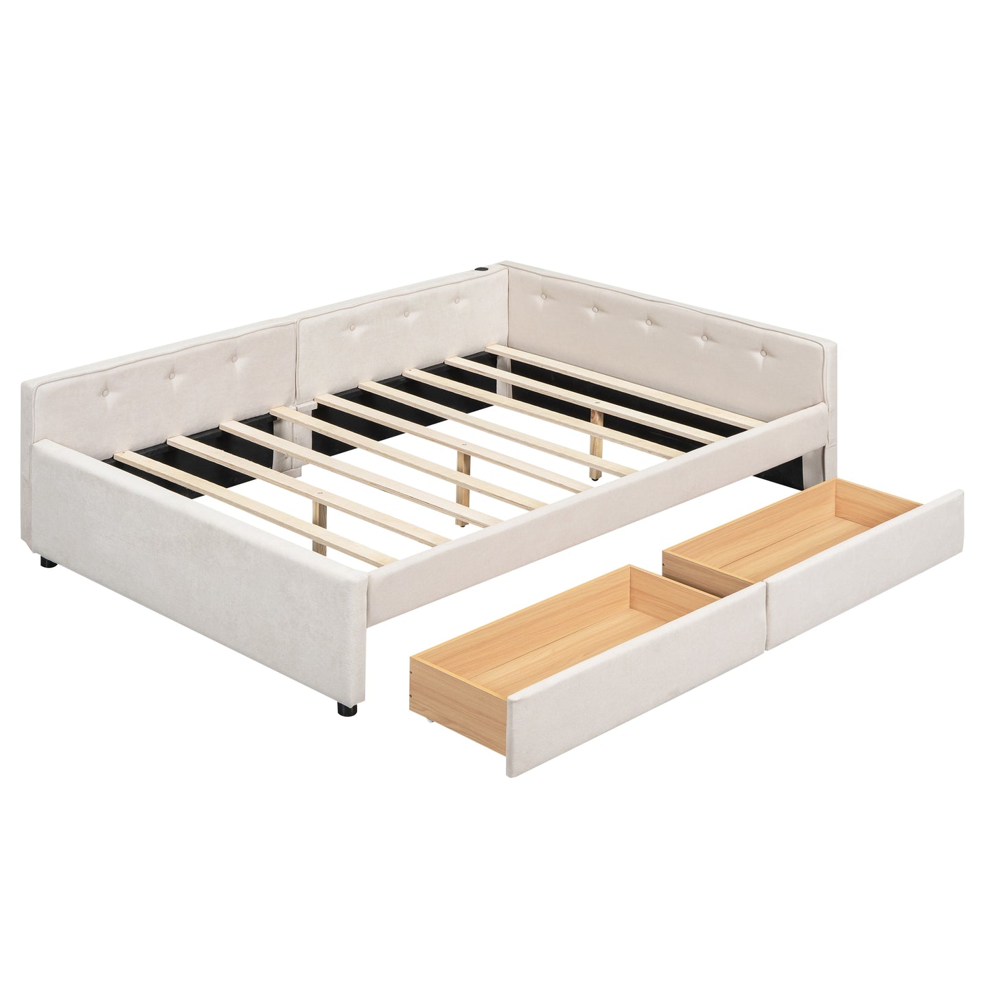 Qualler Full Beige Wood Storage Upholstered Bed with Headboard