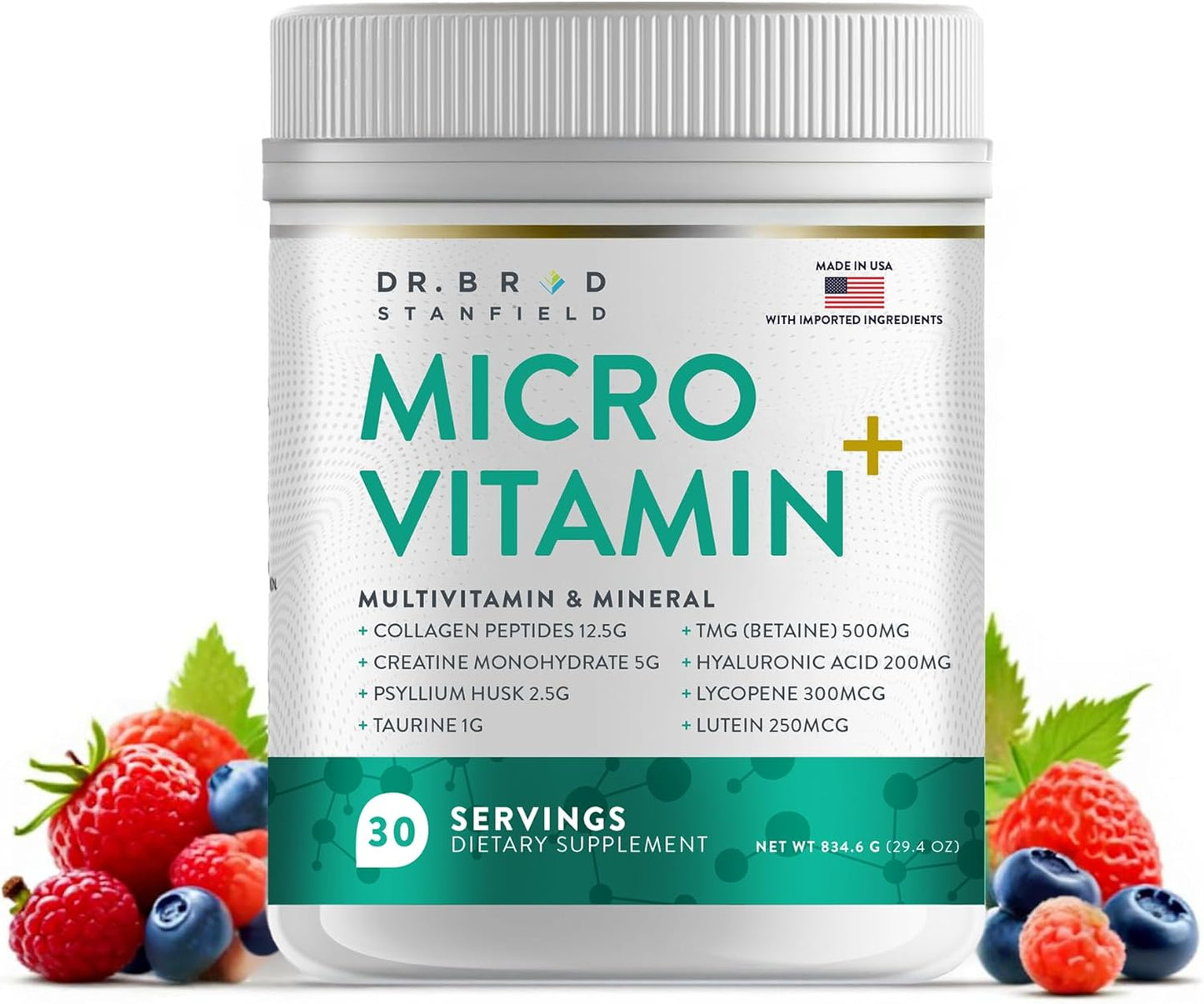 Dr Brad Stanfield Collagen Peptides + Creatine Monohydrate + Psyllium Husk + Taurine + TMG + Hyaluronic Acid + MultiVitamin & Mineral (30 Servings, Mixed Berry)