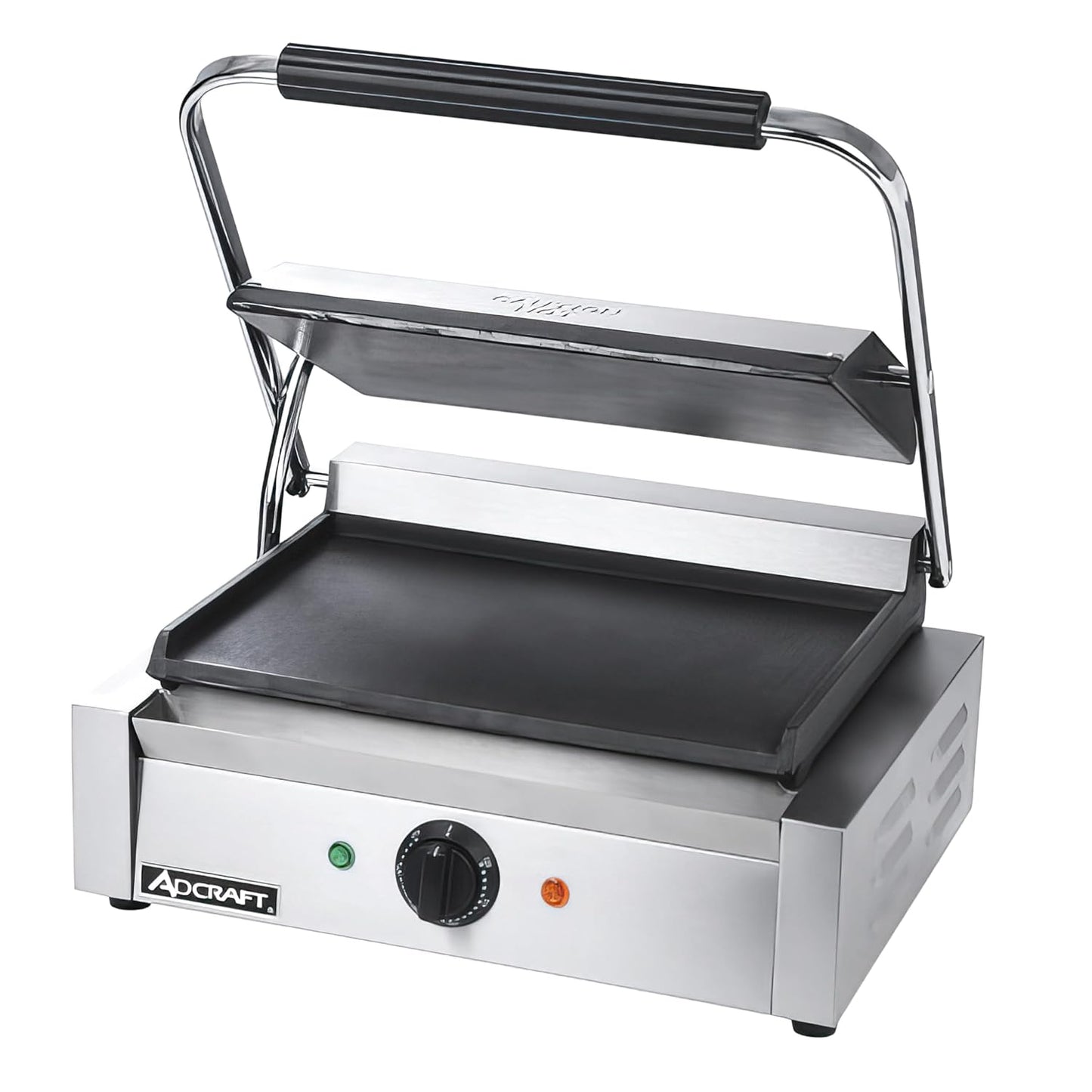 Adcraft SG-811E/F Smooth Electric Panini Grill, Panini Press with Cast Iron Smooth Flat Plates, Stainless Steel, 1750-Watts, 120v, NSF