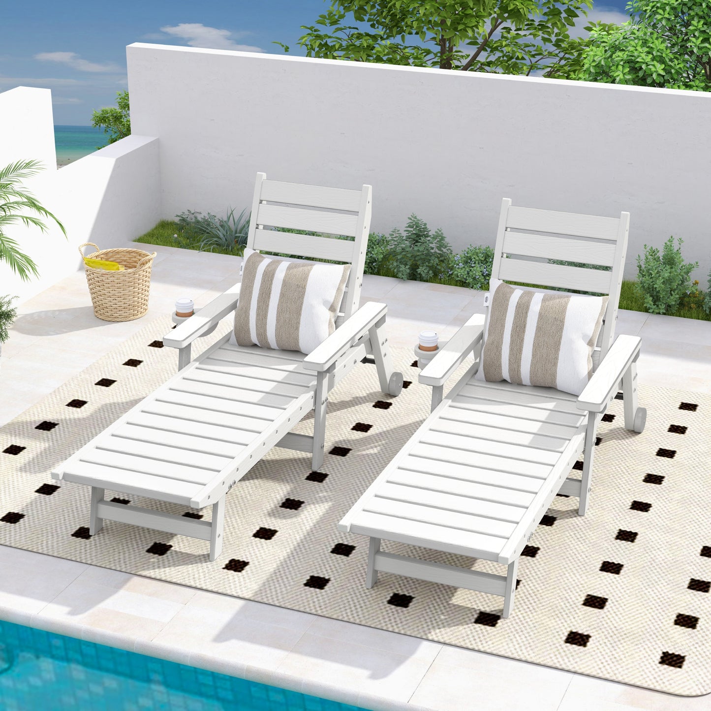 EGEIROS LIFE Set of 2 White HDPE Frame Stationary Chaise Lounge Chair with Solid Seat