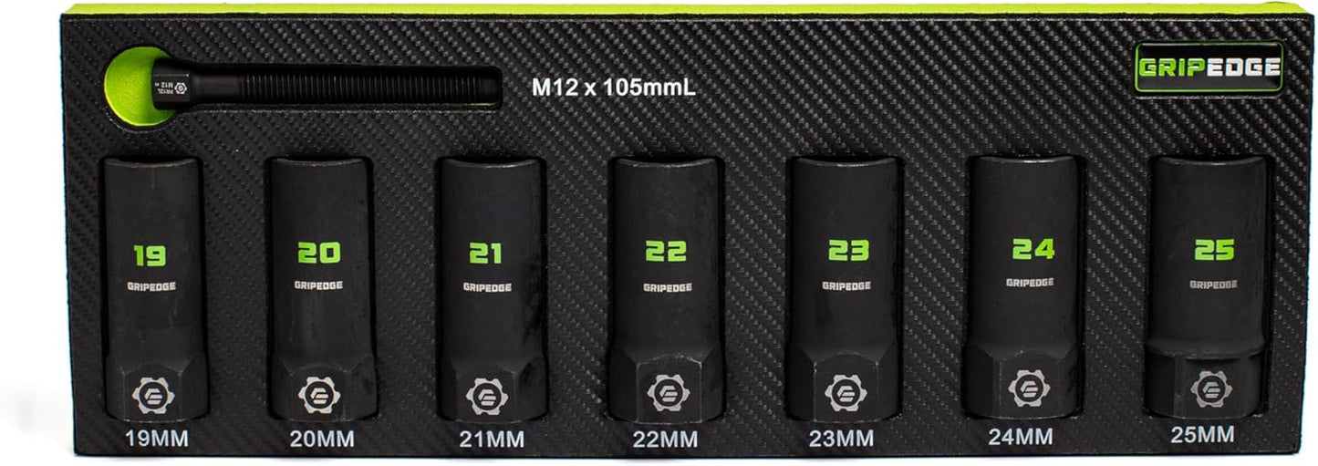 GRIPEDGE Tools | 7-PC – 1/2'' Drive Deep Metric RPT Socket Extractor Set | Sizes 19 – 25 MM | Removes Broken Studs, Stripped Bolts and Lug Nuts | Includes Premium EVA Foam Storage|