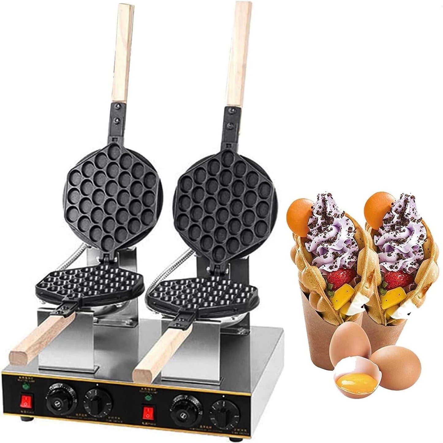 Commercial Electric Egg Bubble Waffl Maker, Stainless Steel Hong Kong Egg Waffle Iron Non-sticky 50~250℃, 0-5min Timing (Color : 110v)