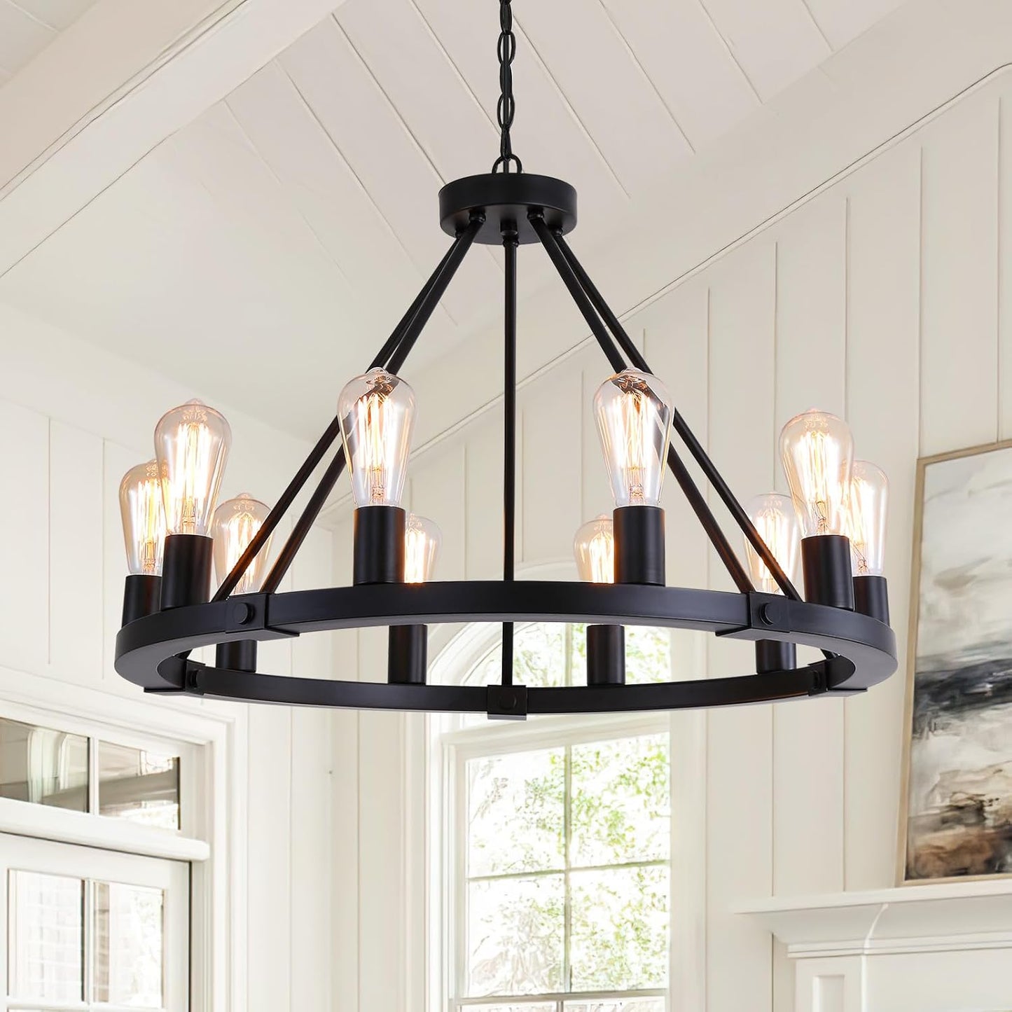 9MMML 10 Lights Wagon Wheel Chandelier, Black Round Globe Wrought Iron Pendant Lights for Dinging&Living Room Kitchen Island Porch Enteyway Hallway,Dia26.4,E26 Bulbs, Heights Adjustable