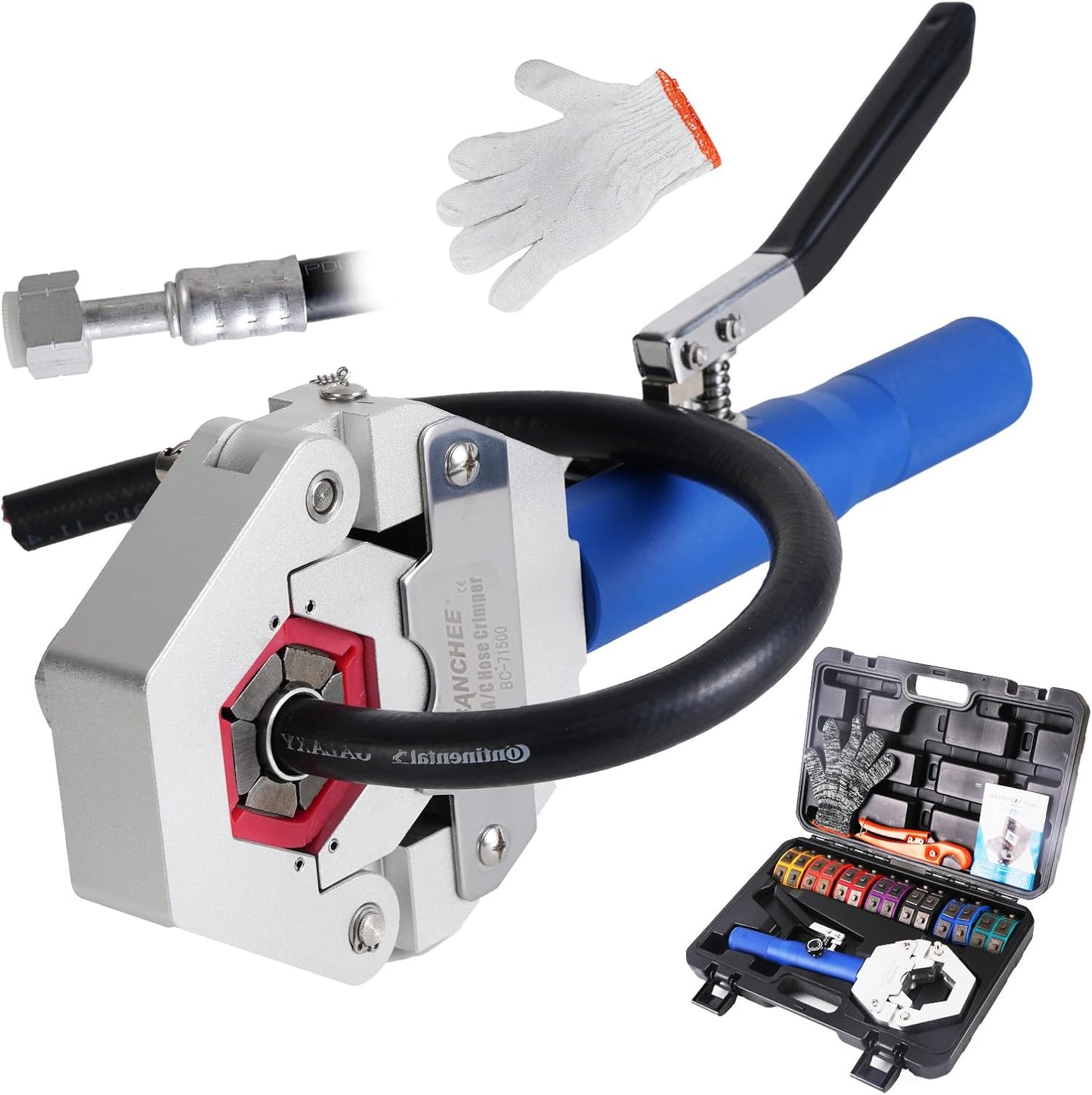 BANCHEE Hydraulic Hose Crimper AC Crimping Tool for Barbed and Beaded Hose Fittings, Air Conditioning Repaire Ac Hose Crimper with 7 Die Set( BC-71500)